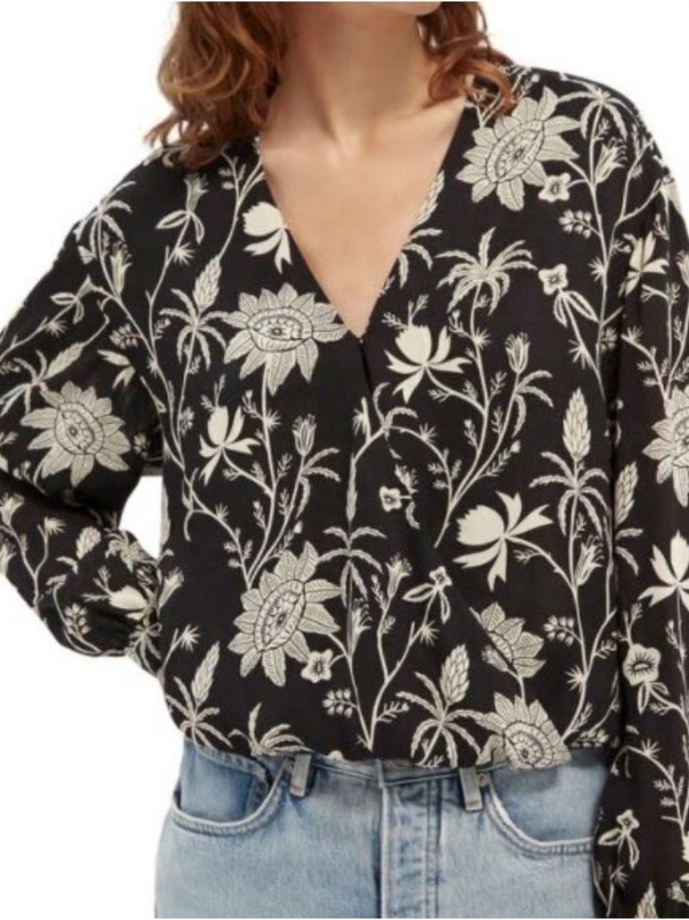 Scotch & Soda Black and White Floral V-Neck Blouse
